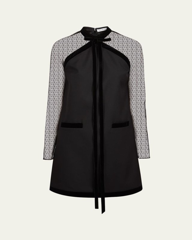 Sheer-Sleeve Velvet Bow Collar Mini Dress